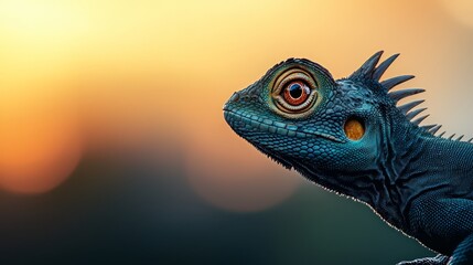 Fototapeta premium A lizard's face in sharp focus against an orange-yellow sky background