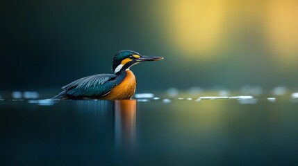 Obraz premium A tight shot of a bird perched above mirrored water Background consists of indistinct lights and an unfocused sky