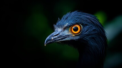 Blue bird with yellow eye in tight focus against black backdrop Foreground features a green leaf