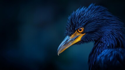 Obraz premium A tight shot of a blue bird against a black backdrop, its yellow beak sharp in contrast against the blurred background