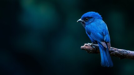 Obraz premium A blue bird sits on a crisp branch against a softly blurred backdrop of intertwining tree branches, home to a smaller blue bird