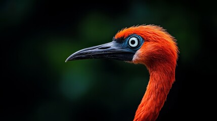 Fototapeta premium A tight shot of a bird with vibrant orange-blue head against a black backdrop, framed by trees in the distance