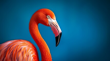  A tight shot of a pink flamingo against a blue backdrop, featuring a black speck at image's heart