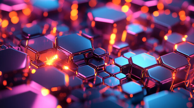 3D Maze of Hexagons in Various Sizes with Metallic Textures and Pastel Gradients