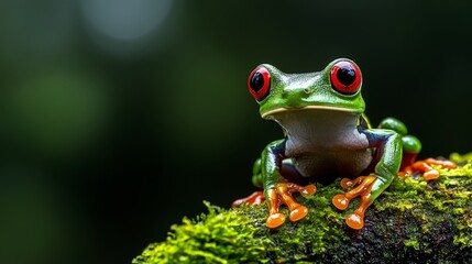 Naklejka premium A frog perches on a moss-covered tree branch, its red eyes contrasting against the lush green moss in the foreground