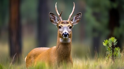 Obraz premium A tight shot of a deer wearing antlers, situated in a lush grassland dotted with trees behind