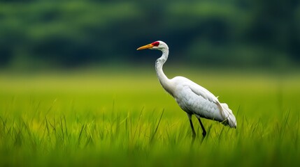 Fototapeta premium A large white bird with a long neck stands amidst tall grasses In the background, trees are visible