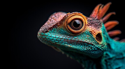 Obraz premium A tight shot of a chameleon's face displays a vivid orange ring encircling one eye