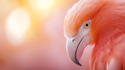 Fototapeta premium A flamingo's head and neck in focus, surrounded by a softly blurred backdrop of yellow and pink