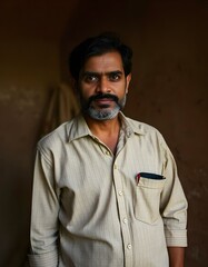 a Indian person is standing against a wall 