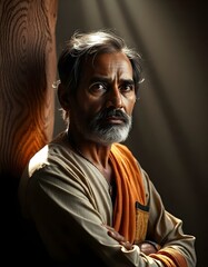 a Indian person is standing against a wall 