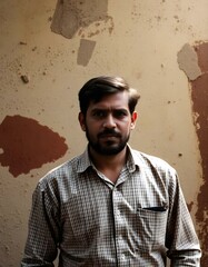 a Indian person is standing against a wall 
