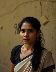a woman is standing against a wall 