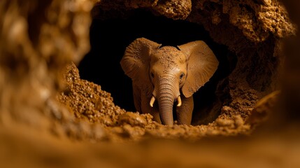  An elephant's head protrudes from a rock fissure, dusting soil on its side