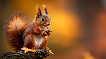 Fototapeta premium A squirrel atop a tree stump, clutching a pine cone in its paws, gazes at the camera