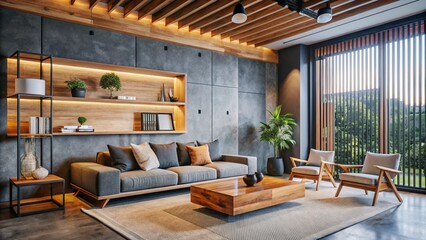 Japandi, minimalist, loft interior design of modern living room with concrete wall.
