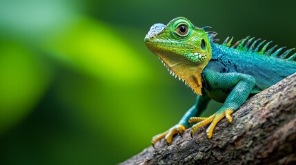 Fototapeta premium A tight shot of a green-yellow lizard perched on a tree branch against out-of-focus green foliage