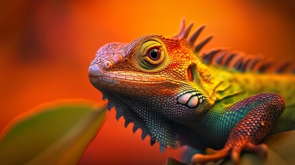 Fototapeta premium A tight shot of a green-orange lizard atop a plant against a hazy backdrop of red, orange, and yellow tones