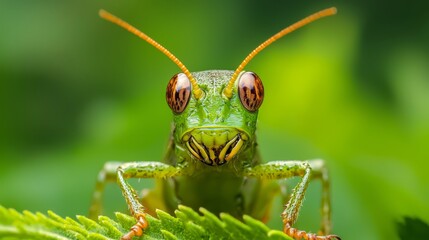  A tight shot of a grasshopper gazing into the lens, a verdant leaf occupying the near foreground, the backdrop subtly blurred