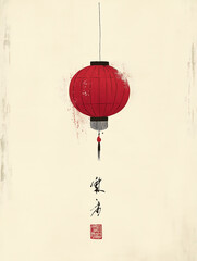 Obraz premium Minimalist red lantern with calligraphy on a beige background
