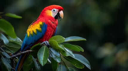 Obraz premium A vibrant parrot perches on a distinct tree branch, adjacent to a lush green one, against a hazy backdrop