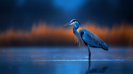 Naklejka premium A large blue bird with long neck and legs stands in the midst of a water body Background comprises trees
