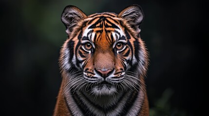 Fototapeta premium A tight shot of a tiger's visage against a black backdrop, overlaid with a hazy tiger silhouette in the depths