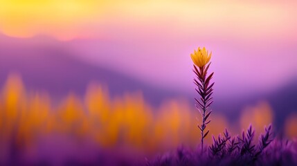 Naklejka premium A yellow flower sits in the foreground against a backdrop of purple, yellow, and pink hues, with mountains in the distant background