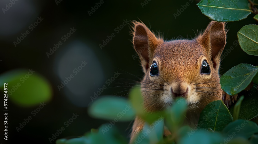 Wall mural a tight shot of a squirrel's face hiding amongst a green leafy branch, the background softly blurred