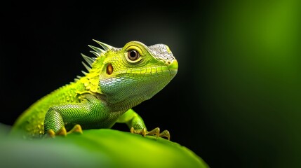 Fototapeta premium A tight shot of a green lizard atop a green leaf against a contrasting black background