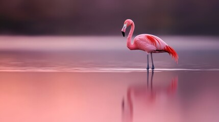  A pink flamingo wades in a body of water, bending its head to take a sip