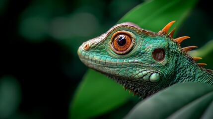 Obraz premium A tight shot of a lizard's head above plant leaves in the foreground against a black backdrop