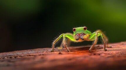 Fototapeta premium A tight shot of a small, green insect atop a wooden surface, background subtly blurred