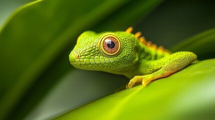 Fototapeta premium A tight shot of a green gecko perched on a leaf, its vivid yellow eye captivating the viewer's attention
