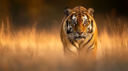 Naklejka premium A tight shot of a tiger in a sea of towering grasses, bathed in the sun's radiant glow as it illumines the feline's countenance