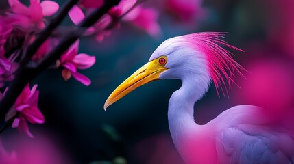 Fototapeta premium A bird perched on a branch against a backdrop of pink-flowered trees Foreground features a blurred tree with similar blooms