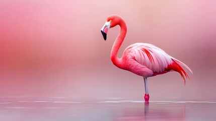 Fototapeta premium A pink flamingo wades in a body of water, bending its neck to submerge its head while keeping its legs immersed