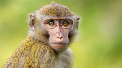 Obraz premium A tight shot of a monkey's face with blurred green foliage as the background