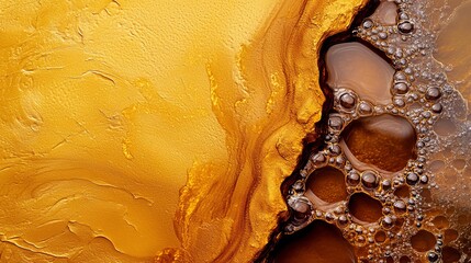  A detailed view of a yellow and brown painting, adorned with water droplets at its base and underside