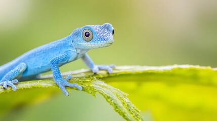 Obraz premium A tight shot of a blue lizard perched on a leaf against softly blurred green foliage background