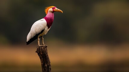Fototapeta premium A vibrant bird atop a weathered post against a hazy backdrop of grass and trees