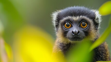 Obraz premium A tight shot of a monkey's face with a green leaf near and out of focus background