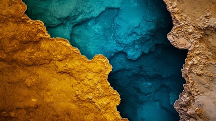  A tight shot of a rock formation showcasing a blue-yellow deposit in its center, along with a yellow substance situated at the image's core