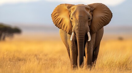 Fototapeta premium An elephant stands in a field of tall, brown grass Trees line the background, and a blue sky stretches above