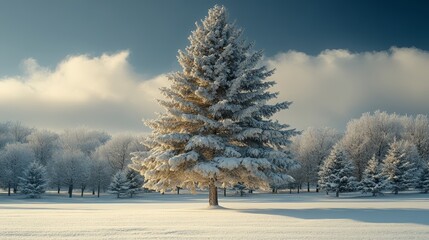 Snow-covered pine tree in serene winter mountain landscape

