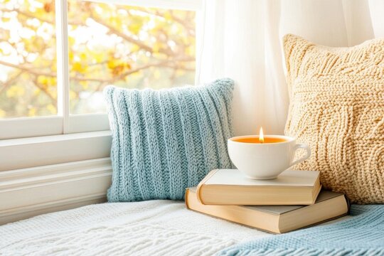 A cozy reading nook with a stack of inspirational books, candles lit, and a cup of tea, symbolizing a personal retreat for reflection and growth in the new year