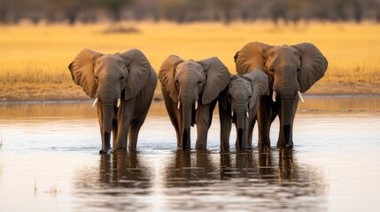 Naklejka premium A herd of elephants stands next to a body of water, yellow field in the background