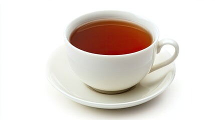 A white teacup and saucer filled with steaming hot tea, isolated on a white background.
