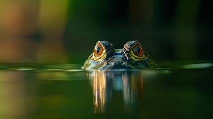  A tight shot of a frog over water, its head protruding above the surface