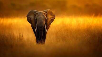 Obraz premium An elephant walks through a tall grass field with the sun shining on its back